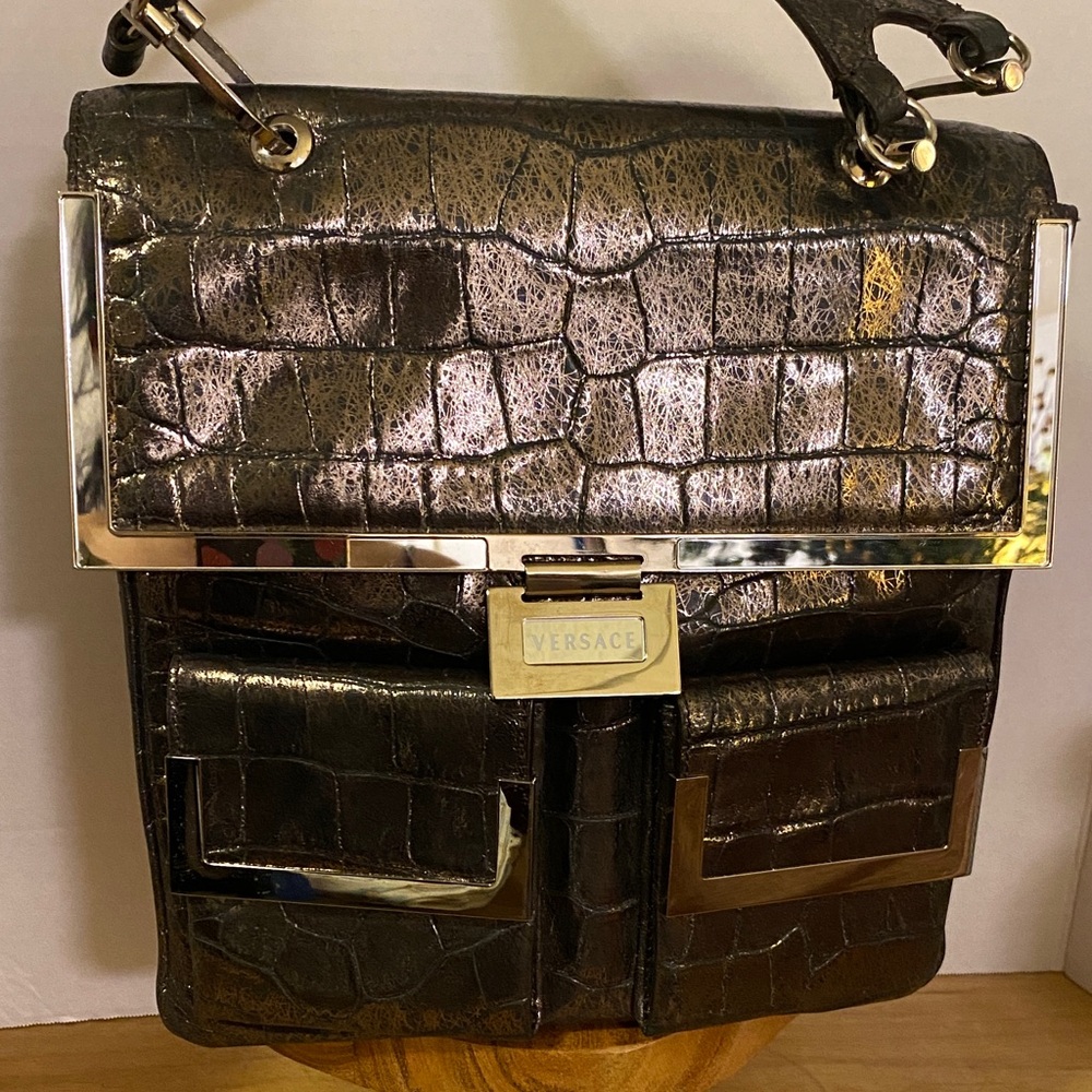 Versace Metallic Croc-Embossed Shoulder Bag